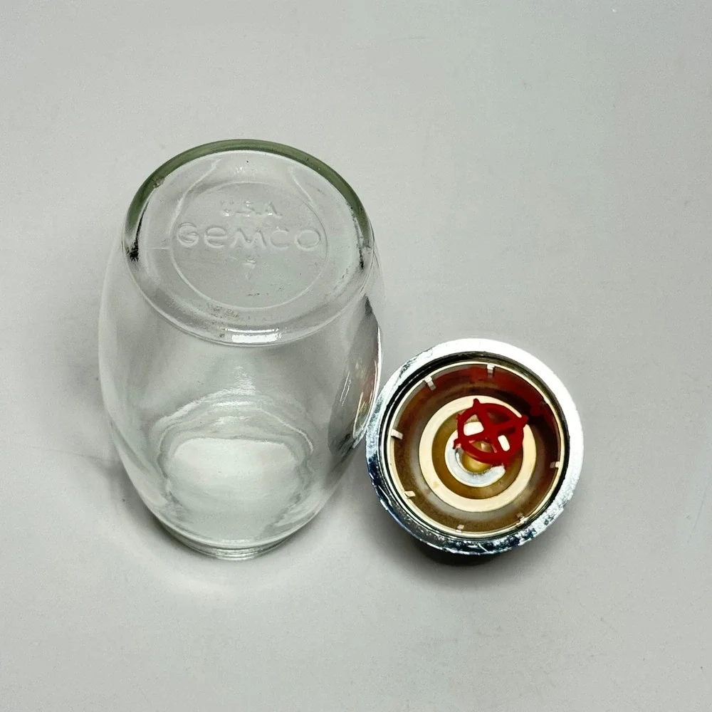 Vintage Gemco Glass Sugar Dispenser Chrome Lid Yellow Button MCM Made in USA